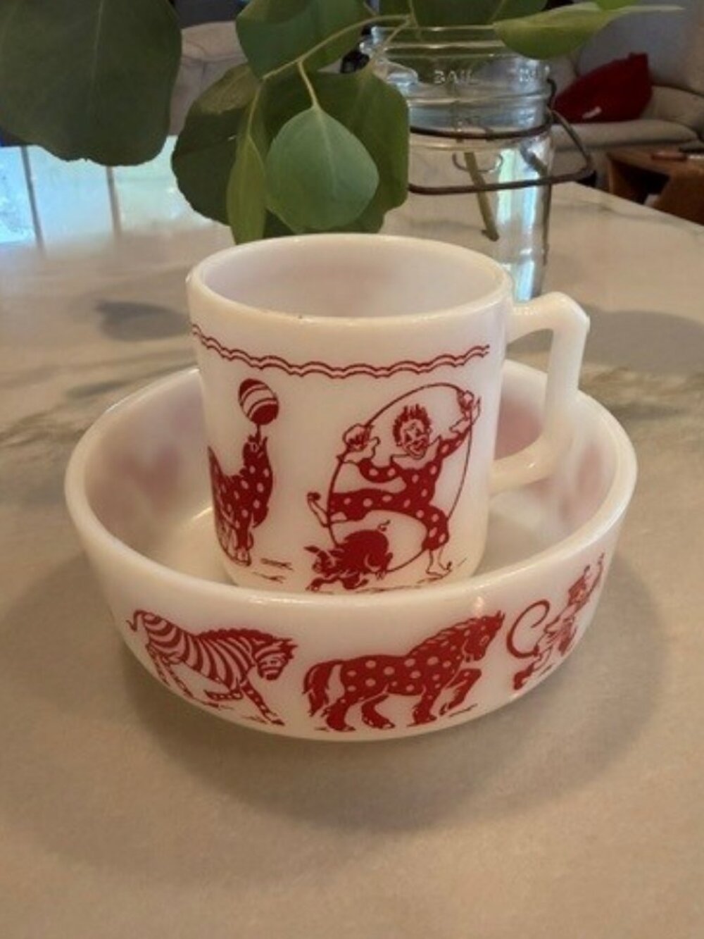 Vintage Hazel Atlas Circus Animals Milk Glass Child’s Cup & Bowl Set